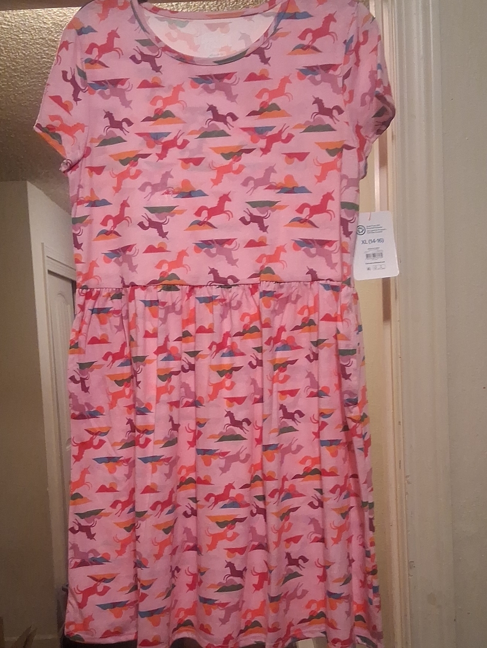 Girls' Pink Unicorn Print Short Sleeve Dress 14/16